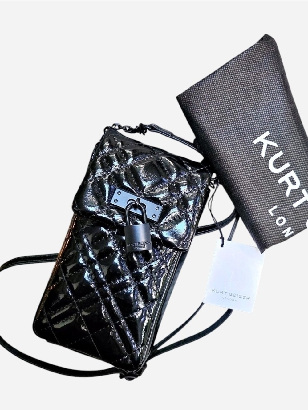 Kurt Geiger Brixton Black Quilted Patent Leather Crossbody Bag, Padlock Charm